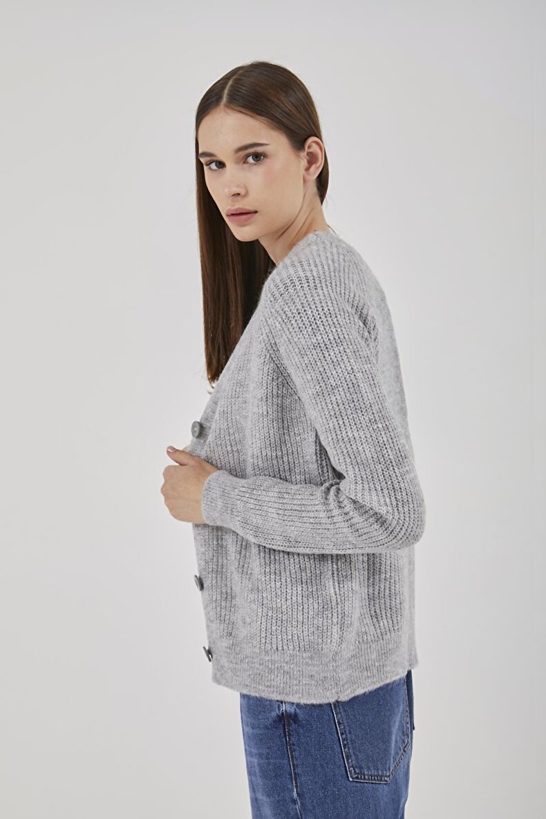Buttoned Knitted Grau Strickjacke